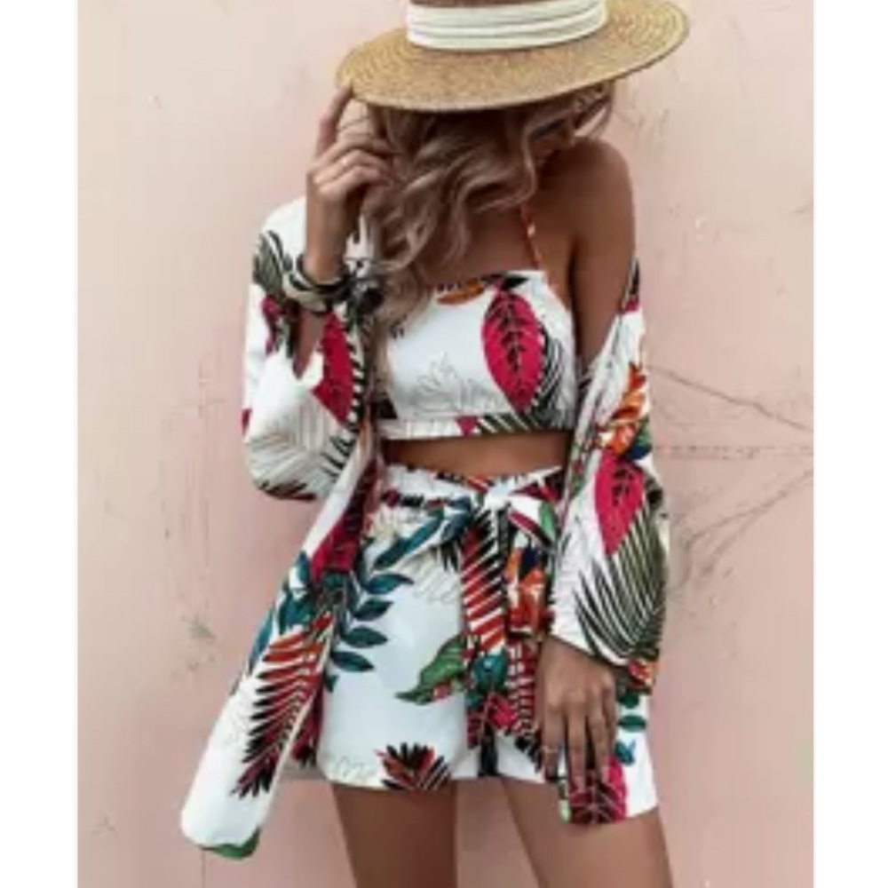 Tropical Print Halter, Belted Shorts + Kimono